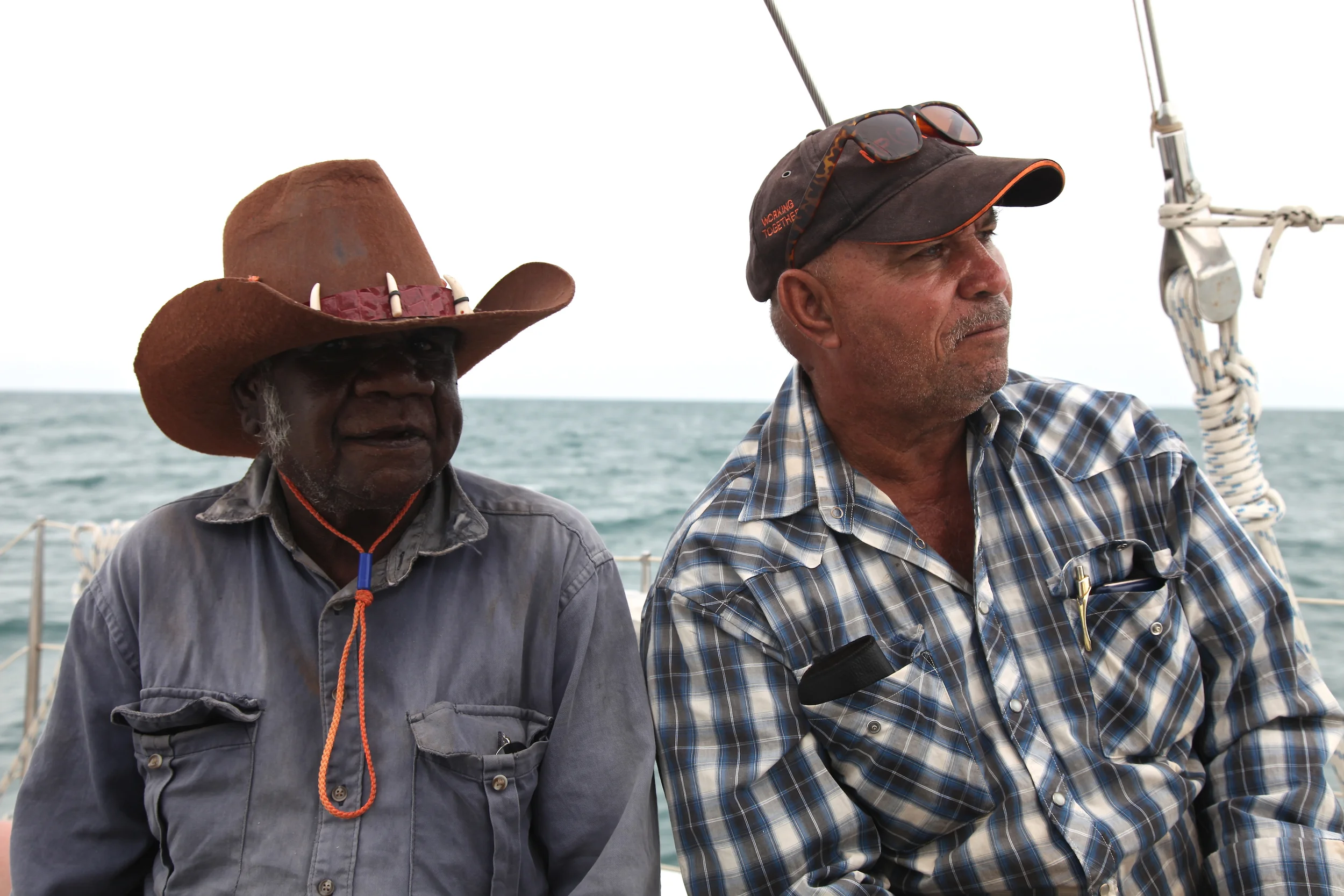 Two Elders aboard Pelican 1 — Sea Country collaboration